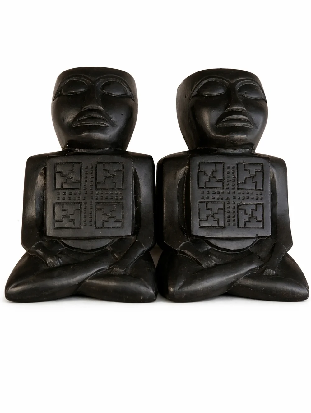Vintage Mayan Figural Bookends Ebony Wood Hand Carved Black Sculptural Decor